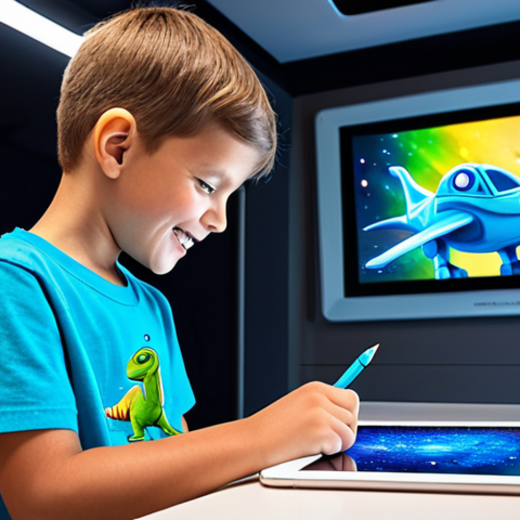 A joyful young child, approximately 8-10 years old, fully clothed in a modest, comfortable t-shirt and jeans, sitting at a sleek, modern desk. The child is engrossed in drawing on a luminous tablet with a digital pen, their face beaming with excitement and focused creativity. On the tablet screen, a vivid, AI-generated image of a friendly cartoon dinosaur piloting a futuristic spaceship through a fantastical, swirling nebula is clearly visible. The background is a bright, well-lit contemporary art studio with a few colorful, abstract artworks on the walls. High resolution, professional photography, perfect anatomy, natural pose, correct proportions, well-formed hands, proper finger count, natural body proportions, safe for work, appropriate content, fully clothed, family-friendly.