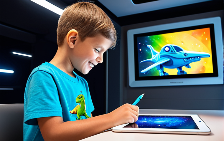 A joyful young child, approximately 8-10 years old, fully clothed in a modest, comfortable t-shirt and jeans, sitting at a sleek, modern desk. The child is engrossed in drawing on a luminous tablet with a digital pen, their face beaming with excitement and focused creativity. On the tablet screen, a vivid, AI-generated image of a friendly cartoon dinosaur piloting a futuristic spaceship through a fantastical, swirling nebula is clearly visible. The background is a bright, well-lit contemporary art studio with a few colorful, abstract artworks on the walls. High resolution, professional photography, perfect anatomy, natural pose, correct proportions, well-formed hands, proper finger count, natural body proportions, safe for work, appropriate content, fully clothed, family-friendly.