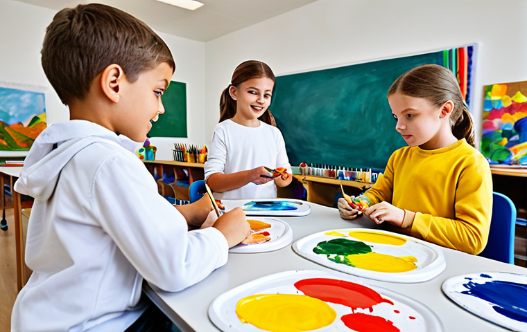 Children's Art Class**
"A group of children in a bright art classroom, painting with colorful paints, creating imaginative artwork, fully clothed, appropriate content, safe for work, perfect anatomy, natural proportions, family-friendly, professional photography, high quality, modest clothing."
**