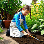 Home 17 미술 교육과 교육 철학자들 - **Subject:** A young girl fully clothed in modest clothing, painting with natural materials like lea...