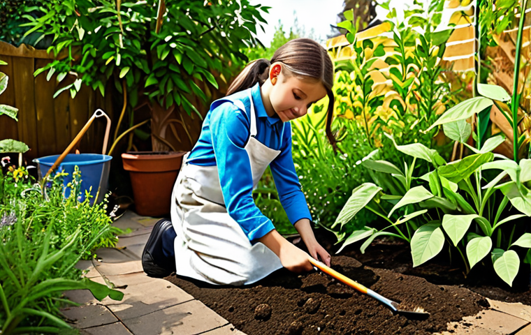미술 교육과 교육 철학자들 - **Subject:** A young girl fully clothed in modest clothing, painting with natural materials like lea...