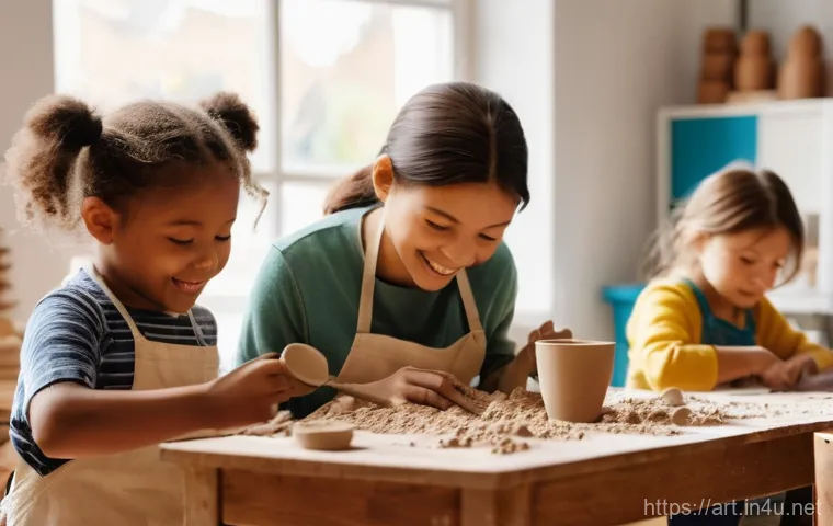 미술과 조각 교육 - **Prompt 1: Children happily sculpting with clay in a brightly lit art studio.**
A group of dive...