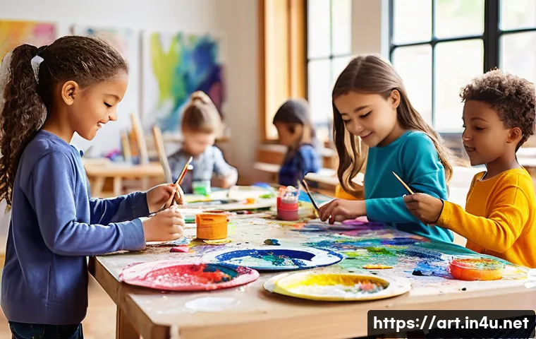 미술 교육과 커뮤니티 아트 - **Prompt 1: Diverse children in a vibrant art studio, immersed in creative self-expression.**
A ...