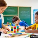 Home 19 미술과 STEAM 교육 - A vibrant, modern STEAM classroom bustling with activity. Diverse children, aged 8-12, are deeply en...