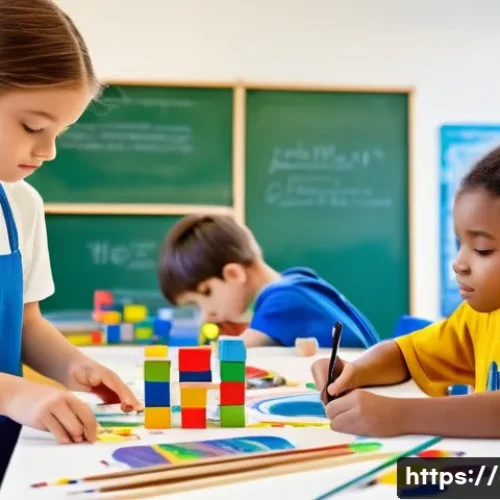 Home 13 미술과 STEAM 교육 - A vibrant, modern STEAM classroom bustling with activity. Diverse children, aged 8-12, are deeply en...