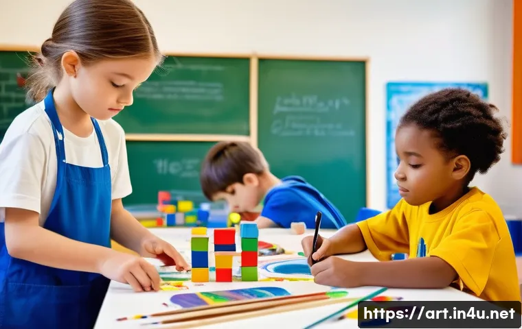 미술과 STEAM 교육 - A vibrant, modern STEAM classroom bustling with activity. Diverse children, aged 8-12, are deeply en...